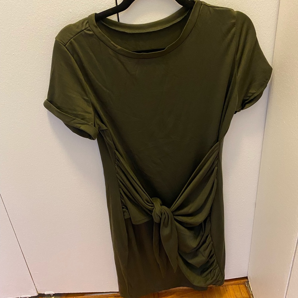 Green Solid Round Neck Self Tie Bodycon Dress - image 4